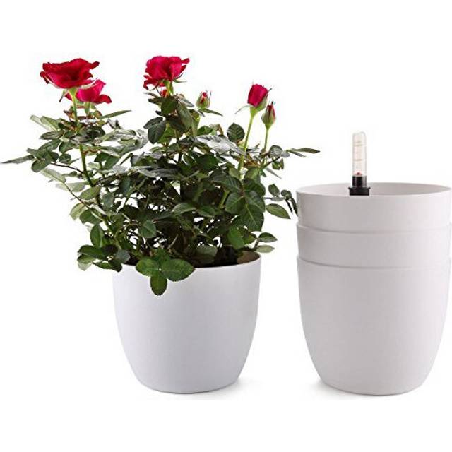 T4U 18CM Plant Pots, Plastic Self Watering Plant Pots with Water Level Indicator Pack of 4, White Plant Pots Indoor Outdoor, Large Planter Pot fo