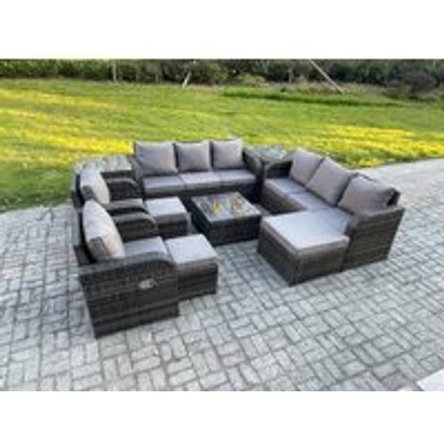 Fimous High Back Rattan Garden Furniture Set with Square Coffee Table 3 Footstools 2 Side Tables Indoor Outdoor Patio Lounge Sofa Set Dark Grey Mixed