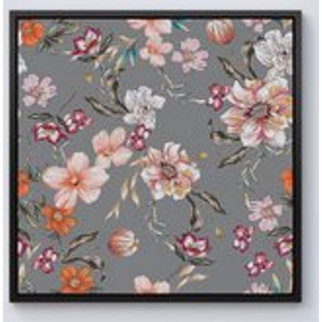 Peony, Lily, Tulip, Daisy Colorful On Grey Background Framed Canvas - Black - w10_inch_x_h10_inch