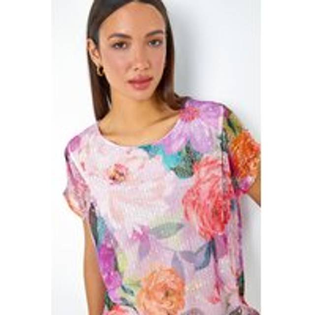 Roman Pink Mesh Overlay Floral Print T-Shirt - Size 14