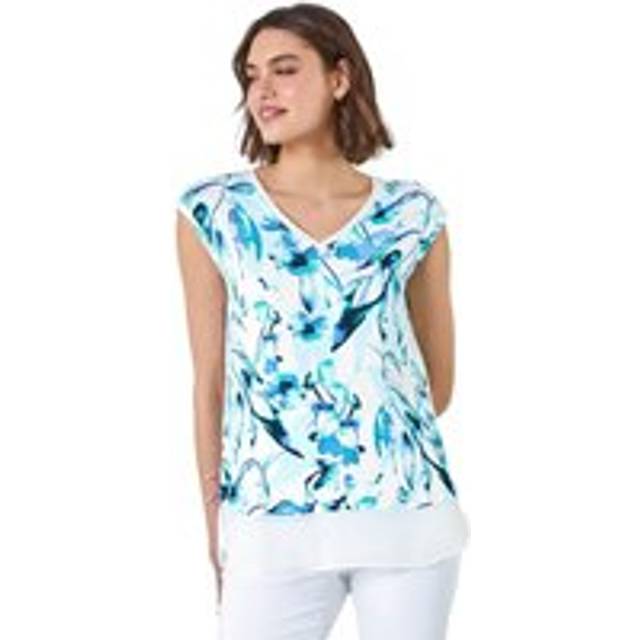 Roman Womens Floral Print V-Neck Chiffon Hem T-Shirt - Blue - Size 10 UK