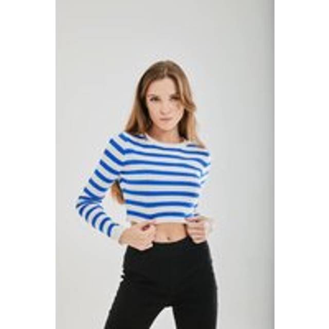 Womens striped Crop Jumper in Navy and White - Blue - One Size