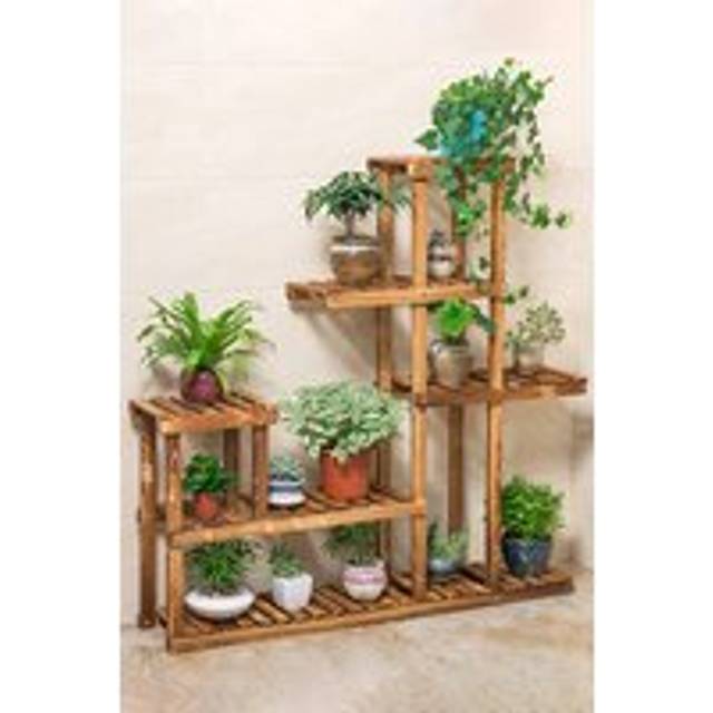 Large Multi-Tiered Rustic Wooden Plant Stand Rack - Brown - One Size