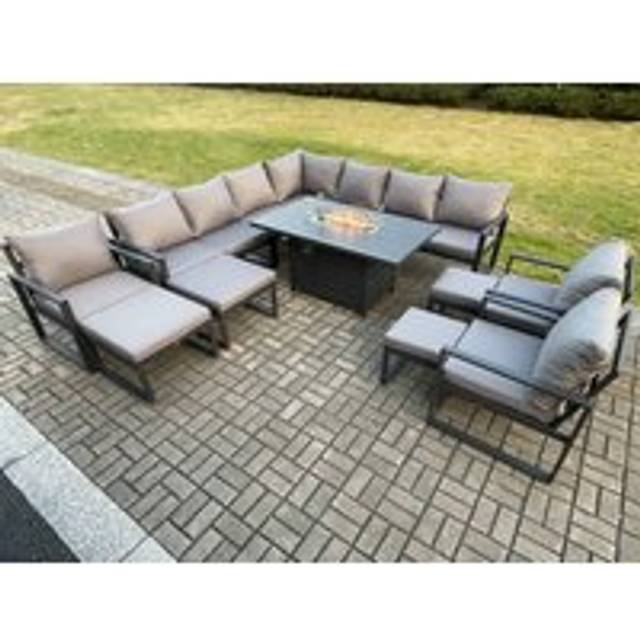 Aluminium 14 Seater Lounge Corner Sofa Outdoor Garden Furniture Sets Gas Fire Pit Dining Table Set Dark with 3 Chairs 2 Big Footstools - Dark Grey - One Size