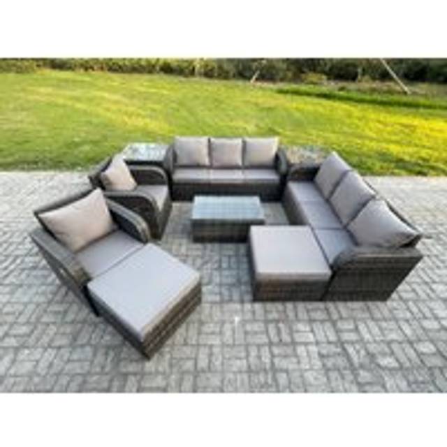 Fimous 10 Seater Rattan Outdoor Garden Furniture Sofa Set Patio Table & Chairs Set with 3 Seater Sofa Reclining Chair 2 Big Footstool 3 Seater Sofa 2
