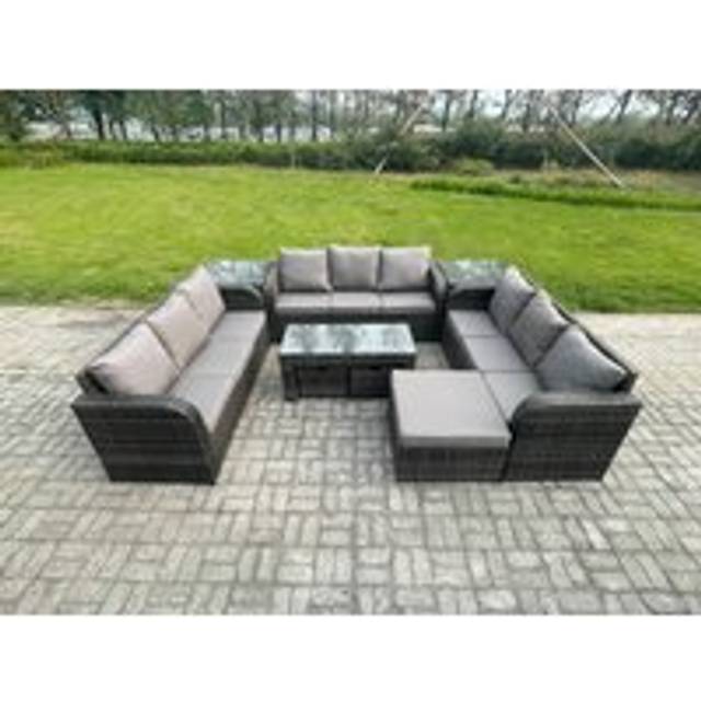 Fimous Rattan Garden Furniture Set 12 Seater Indoor Outdoor Patio Sofa Set with Coffee Table 3 Footstools 2 Side Tables Dark Grey Mixed