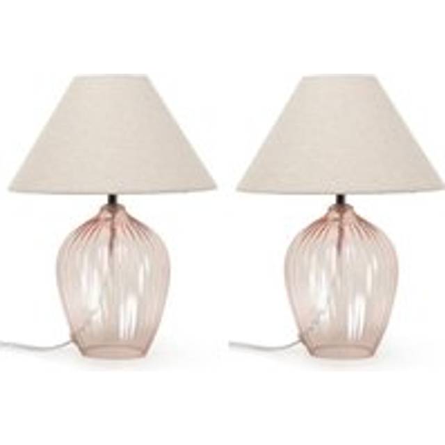 Pair Of Olivet Pink Glass Table Lamp With Cream Tapered Shades - One Size