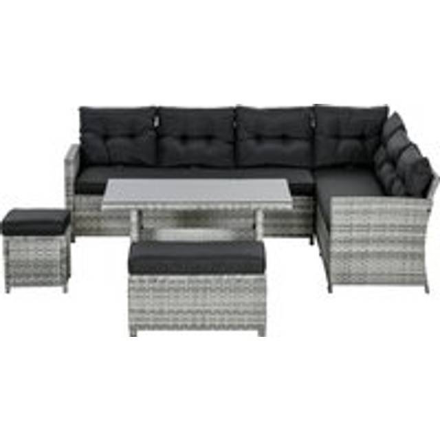 Outsunny 5-piece Rattan Patio Furniture Set With Corner Sofa, Footstools, Glass Coffee Table, Cushions, Mixed Grey
