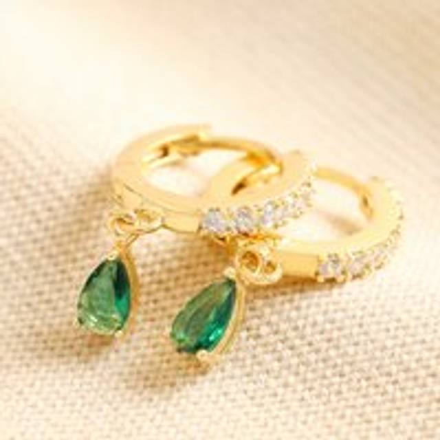 Green Teardrop Crystal Huggie Hoop Earrings in Gold - gold/clear/green - one size