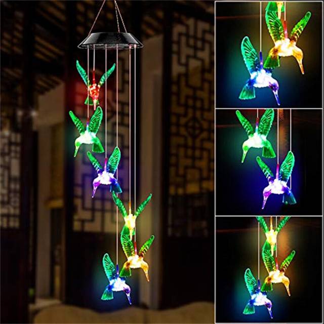 Color-Changing LED Solar Powered Hummingbird Wind Chime Lights Yard Garden Decor