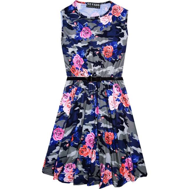 (5-6 Years, Khaki) Girls Skater Dress Camo Floral Print Summer Party