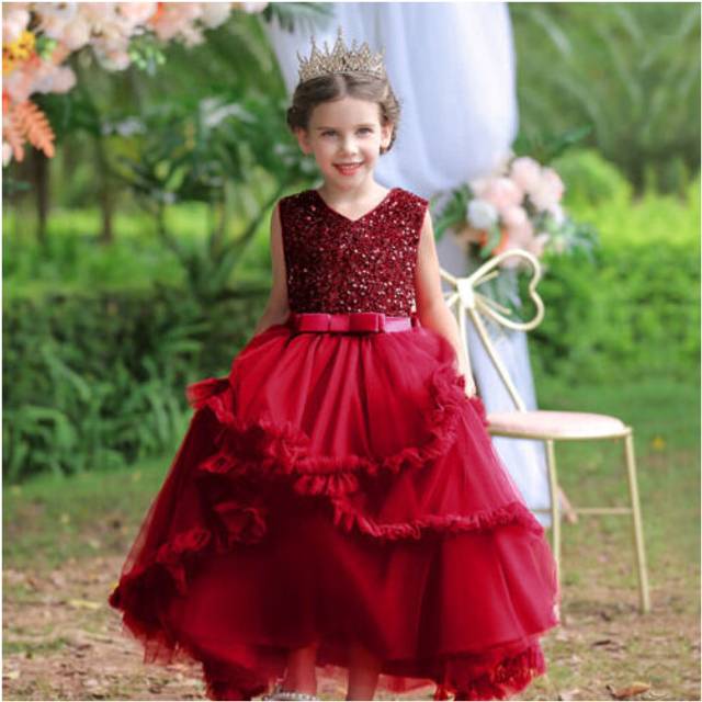(Red, 160/10-11 Years) Kids Flower Girls Wedding Bridesmaid Party Sequins Formal Princess Tutu Dress