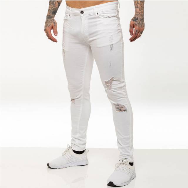 Enzo Mens Skinny Ripped Jeans - White Cotton - Size 40 Regular