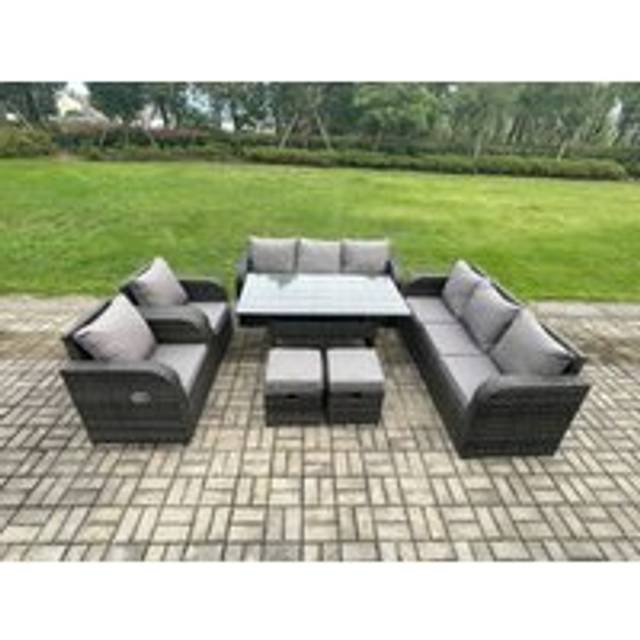 Fimous 10 Seater Lounge Rattan Sofa Set Outdoor Garden Furniture Oblong Rectangular Dining Table With Adjustable Chair 3 Seater Sofa 2 Small