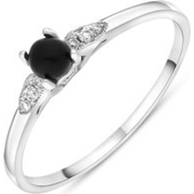 18ct White Gold Whitby Jet 0.05ct Diamond Milgrain Shoulder Ring - UNKNOWN