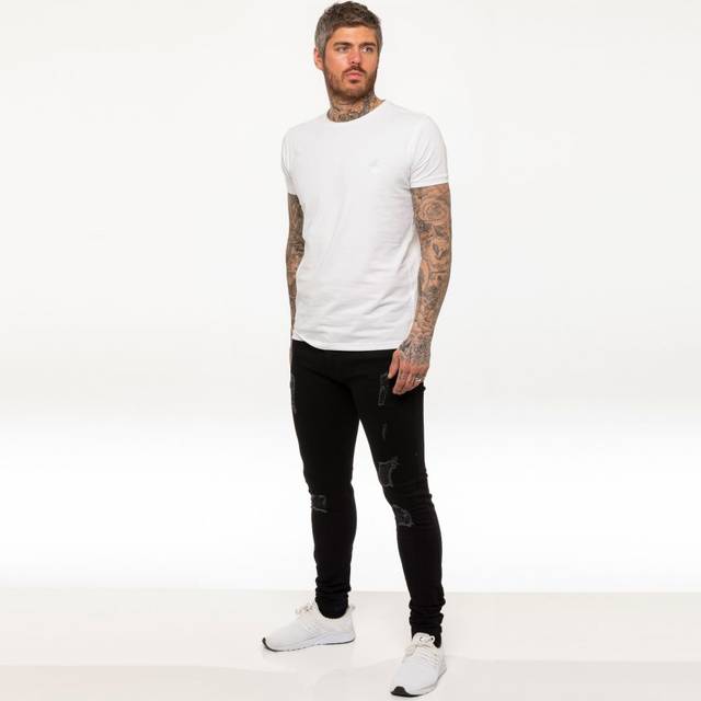 Enzo Mens Skinny Ripped Jeans - Black Cotton - Size 34 Regular