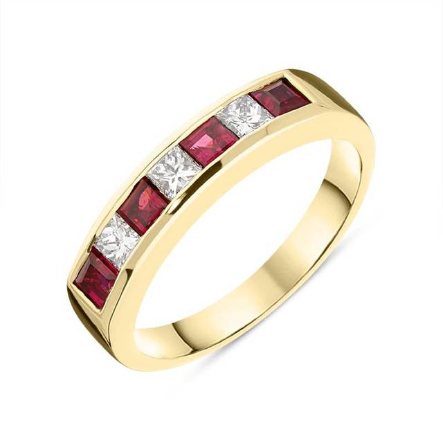 18ct Yellow Gold Ruby Diamond Princess Cut Half Eternity Ring D - Option1 Value Yellow Gold M