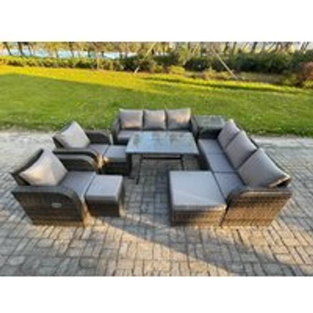 11 Seater Rattan Outdoor Garden Furniture Sofa Set Patio Table & Chairs Set with 3 Seater Sofa Rectangular Dining Table Side Table - Dark Grey - One Size
