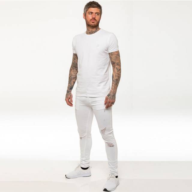 Enzo Mens Skinny Ripped Jeans - White Cotton - Size 32R