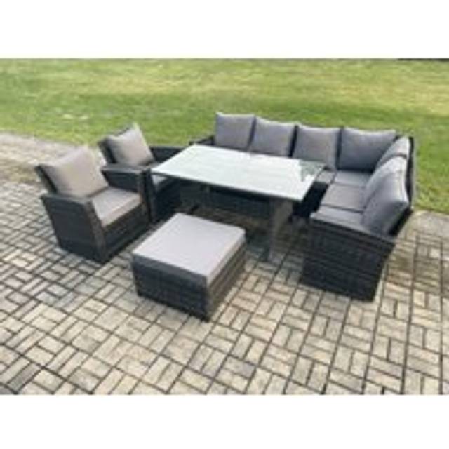 9 Seater Garden Rattan Furniture Corner Sofa Dining Table Chairs Set with Big Footstool 2 Armchairs Indoor Outdoor Lounge Sofa Set - Fimous