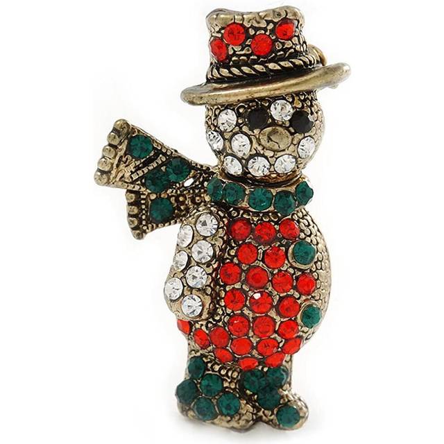 Avalaya Vintage Inspired Christmas Crystal 'Snowman' Brooch in Antique Gold Tone Metal - 35mm L