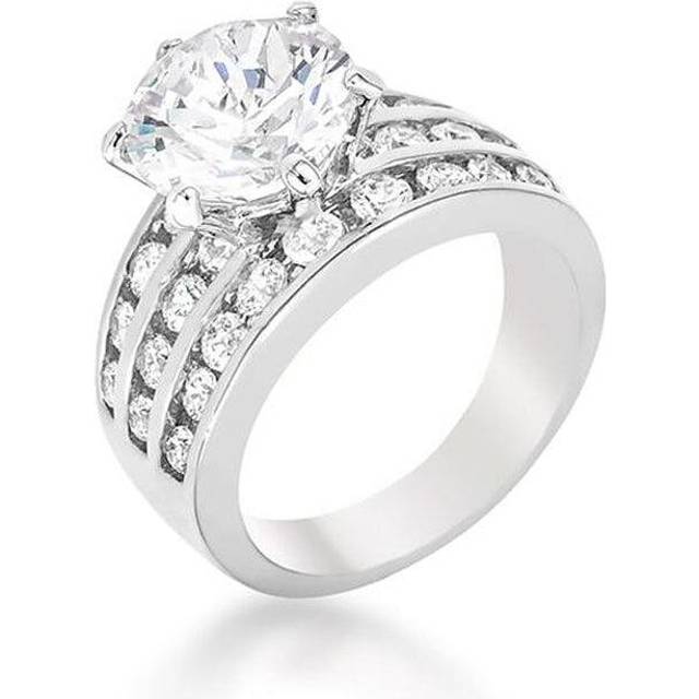 Rhodium Round-Cut Clear Cubic Zirconia Fancy 3-Row Engagement Ring