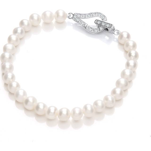 Jewelco London Ladies Sterling Silver Cubic Zirconia & Freshwater Cultured Pearl Loop Clasp Bead Bracelet 6-7mm - GVB470