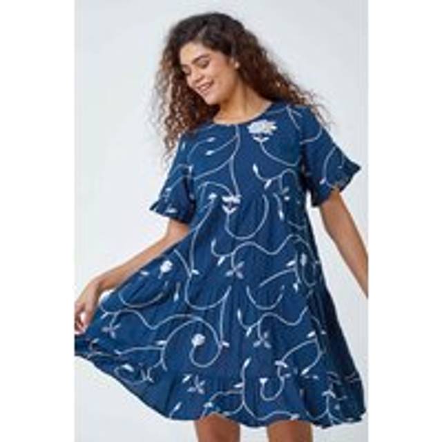Cotton Embroidered Tiered Smock Dress - Navy - 12