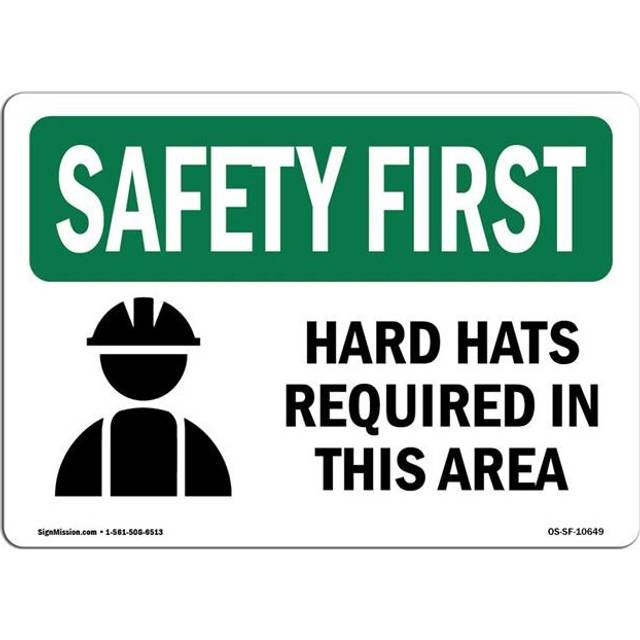 SignMission OS-SF-P-710-L-10649 OSHA Safety First Sign - Hard Hats Required in This Area with Symbol