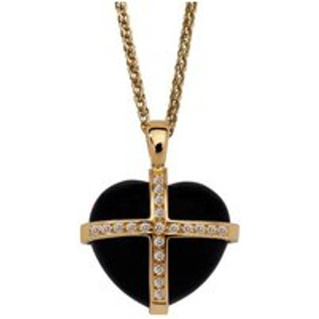 18ct Yellow Gold Whitby Jet 0.20ct Diamond Size M Cross Heart Necklace - Yellow Gold