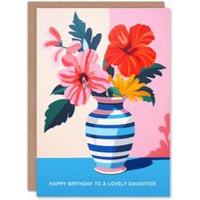 Artery8 Women's Daughter Happy Birthday Card Magnolia Lilies Modern Bold Colourful Bouquet Vase For Her Greeting Card in Pink