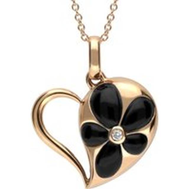 18ct Rose Gold Whitby Jet Diamond Flower Open Heart Necklace - Option1 Value Rose Gold