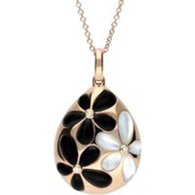 18ct Rose Gold Whitby Jet Mother of Pearl Diamond Flower Pear Necklace - Option1 Value Rose Gold