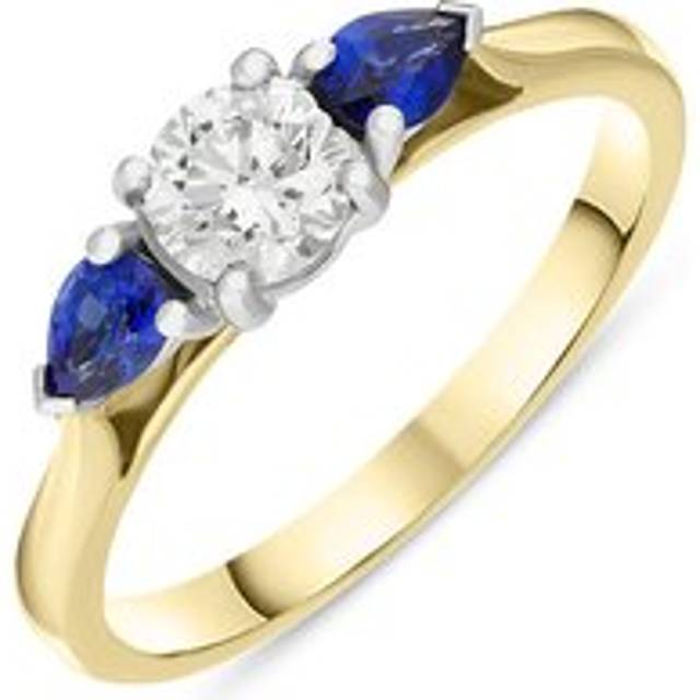 18ct Yellow Gold Sapphire Diamond Round and Pear Cut Three Stone Ring