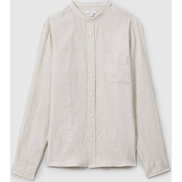 Reiss Mens Stone Ocean Grandad-collar Striped Linen Shirt Xs - STONE