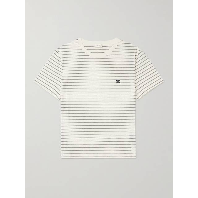 CELINE HOMME - Triomphe Logo-Embroidered Striped Cotton-Jersey T-Shirt - Men - Neutrals - XL