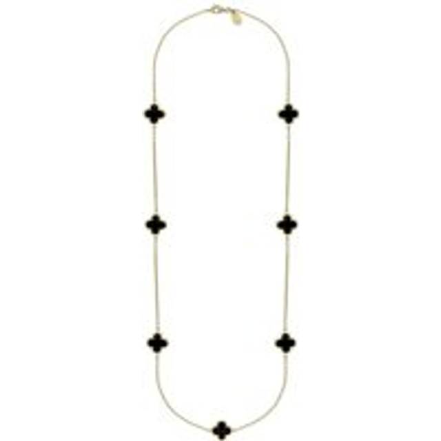9ct Yellow Gold Whitby Jet Bloom Four Leaf Clover Long Necklace