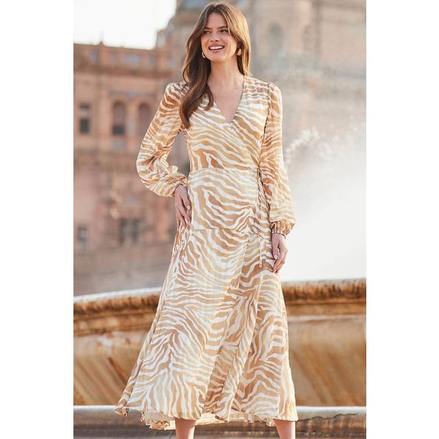 Sosandar Womens Gold Metallic Animal Print Blouson Sleeve Wrap Midaxi Dress - Size 8 UK