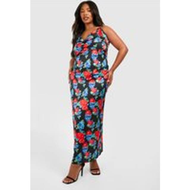 Womens Plus Floral Printed Satin Maxi Dress - Black - 26, Black