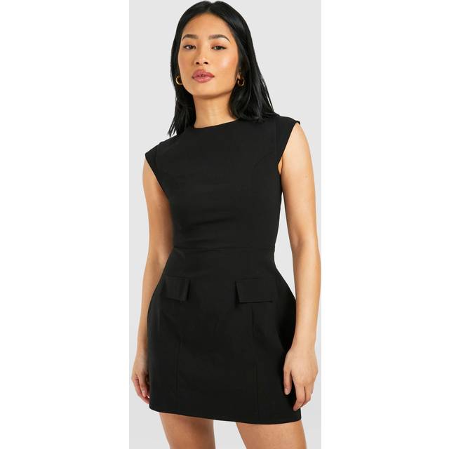 Womens Petite Cap Sleeve Structured Tailored Mini Dress - Black - 10