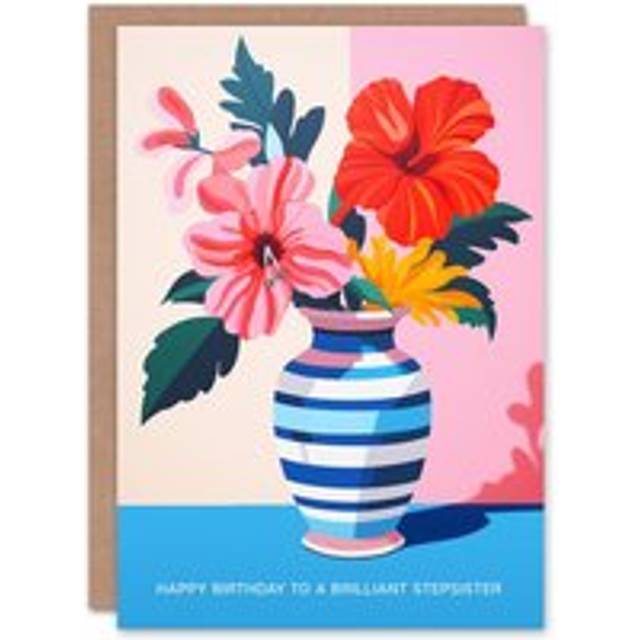 Artery8 Women's Stepsister Happy Birthday Card Magnolia Lilies Modern Bold Colourful Bouquet Vase For Her Greeting Card in Pink