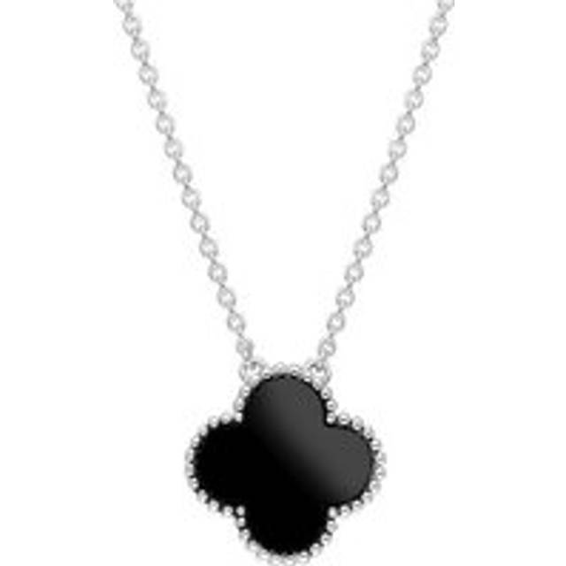 9ct White Gold Whitby Jet Bloom Large Four Leaf Clover Ball Edge Chain Necklace