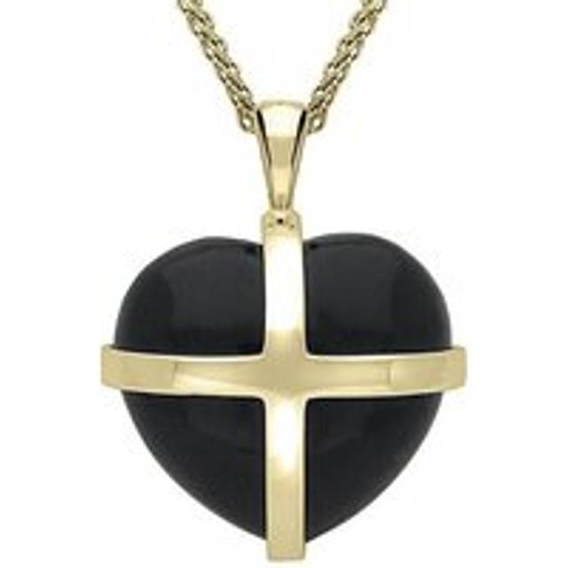 9ct Yellow Gold Whitby Jet Large Cross Heart Necklace - Option1 Value Yellow Gold