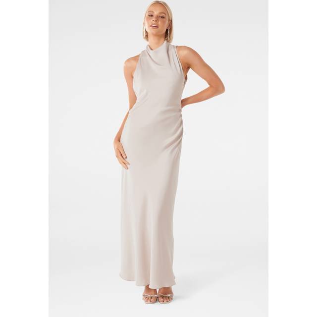 Forever New Women's Michelle Open-Back Satin Maxi Dress in Champagne, Size 16 Polyester/Viscose/Polyester