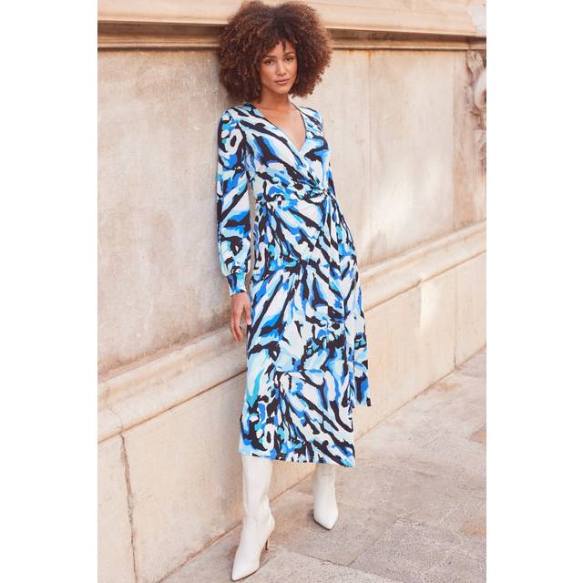 Sosandar Womens Blue & Black Abstract Print Blouson Sleeve Wrap Jersey Midi Dress - Size 6 UK