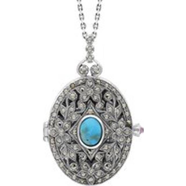 Sterling Silver Turquoise Marcasite Large Oval Flower Edge Locket Necklace