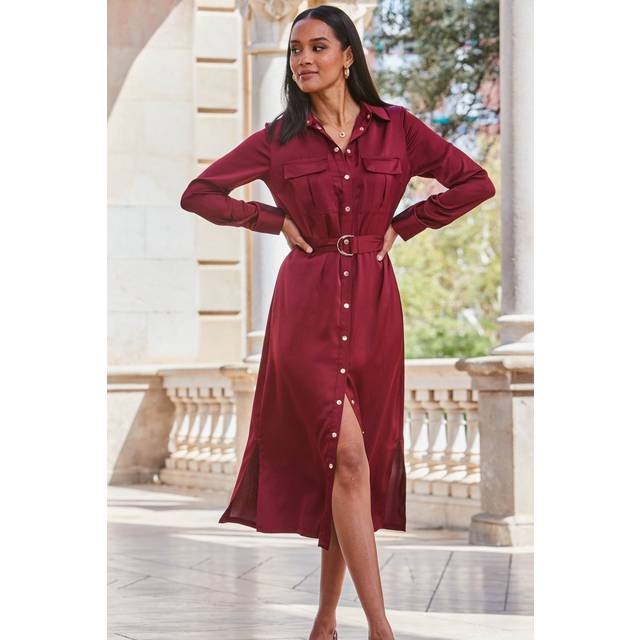 Sosandar Womens Burgundy Satin Utility Shirt Dress - Red - Size 14 UK