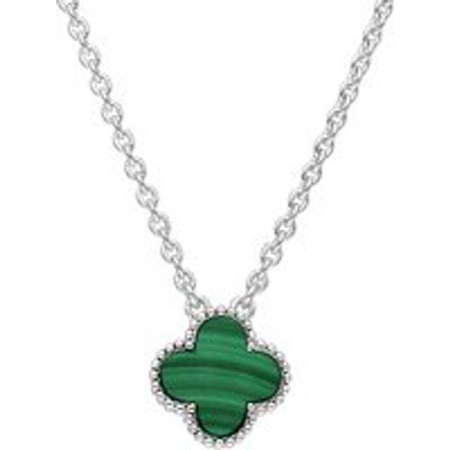 9ct White Gold Malachite Bloom Small Four Leaf Clover Ball Edge Chain Necklace