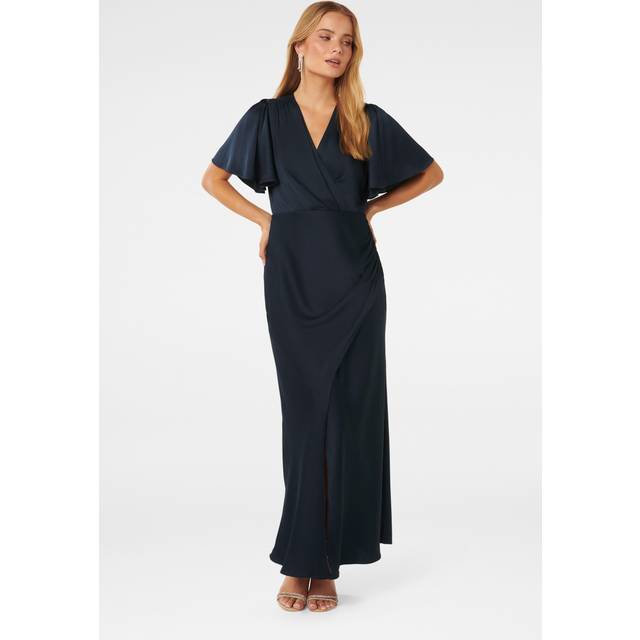 Forever New Women's Chelsea Flutter-Sleeve Satin Maxi Dress in Navy, Size 6 Polyester/Viscose/Polyester