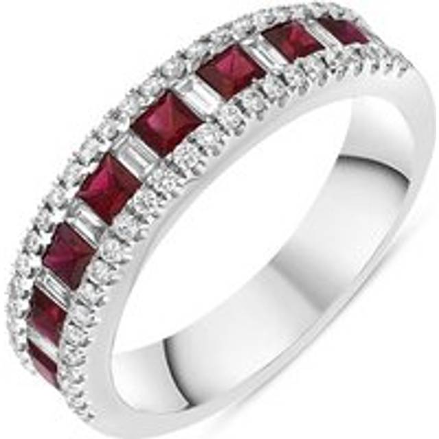 18ct White Gold Ruby Diamond Square and Baguette Cut Half Eternity Ring